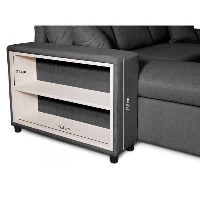 L200PAC - Canapé d'angle convertible coffre pouf et étagère en tissu